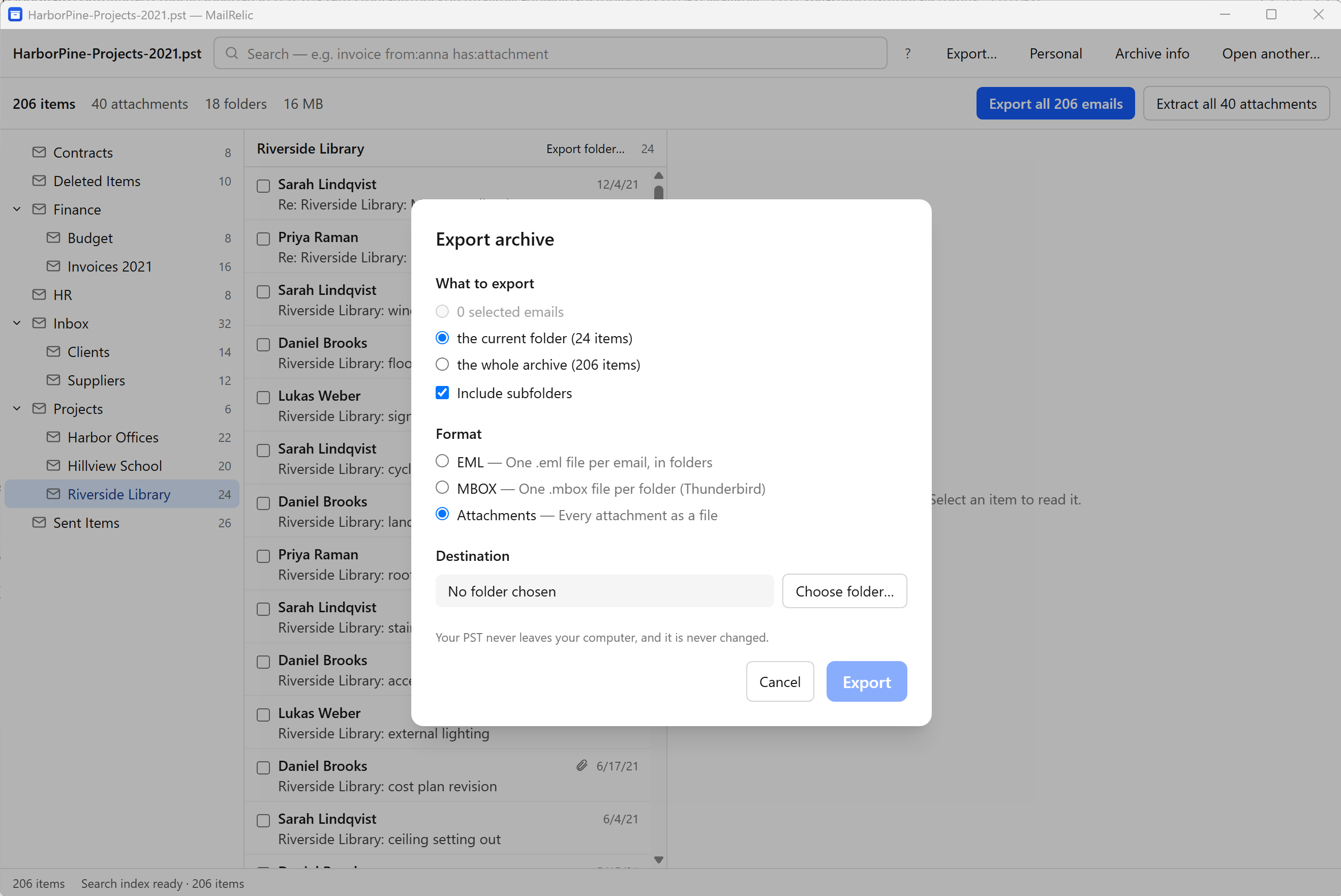 The MailRelic Export dialog set to export the current folder of 24 items, with Attachments selected as the format.