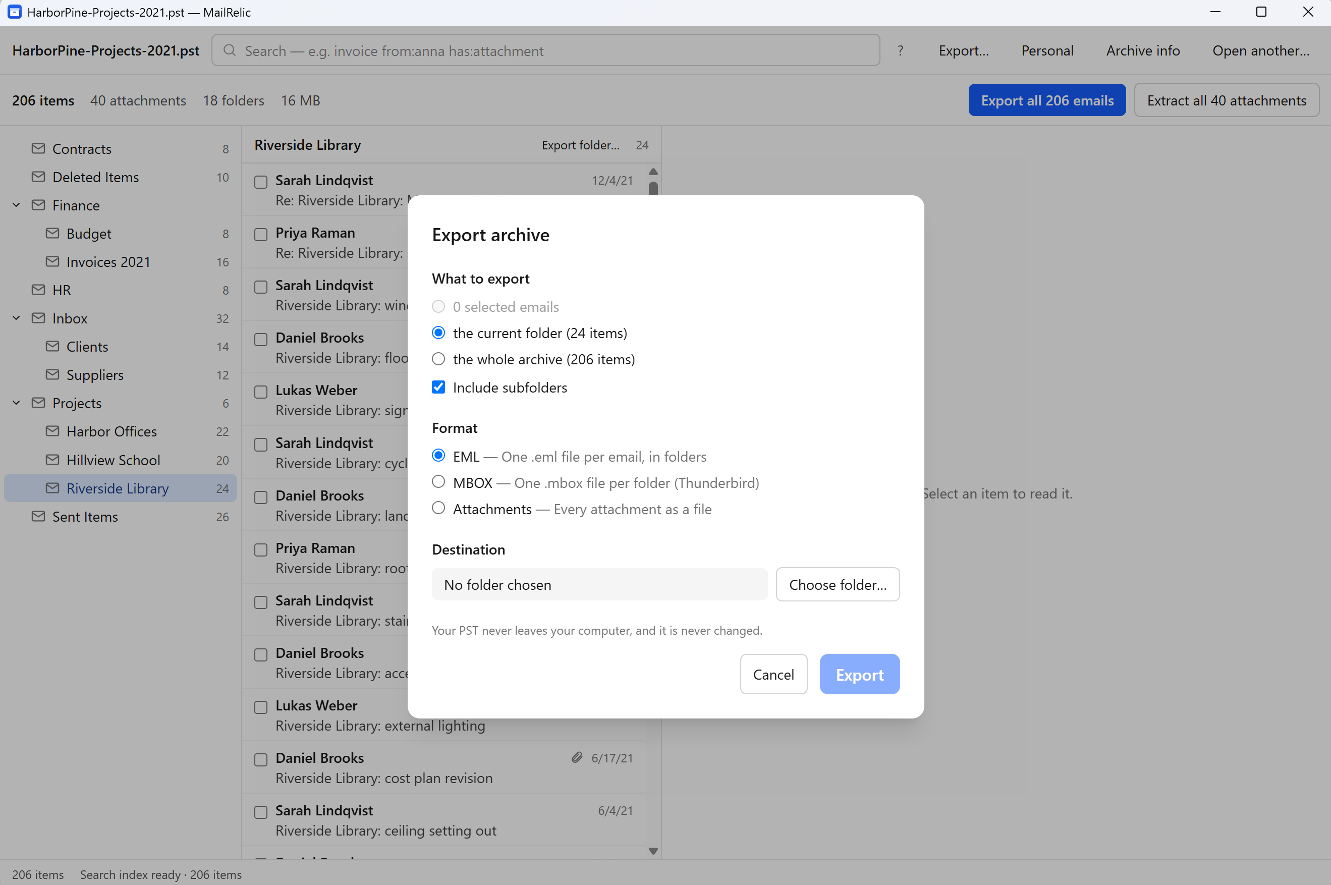 The MailRelic Export dialog set to export the current folder of 24 items, with EML selected as the format.