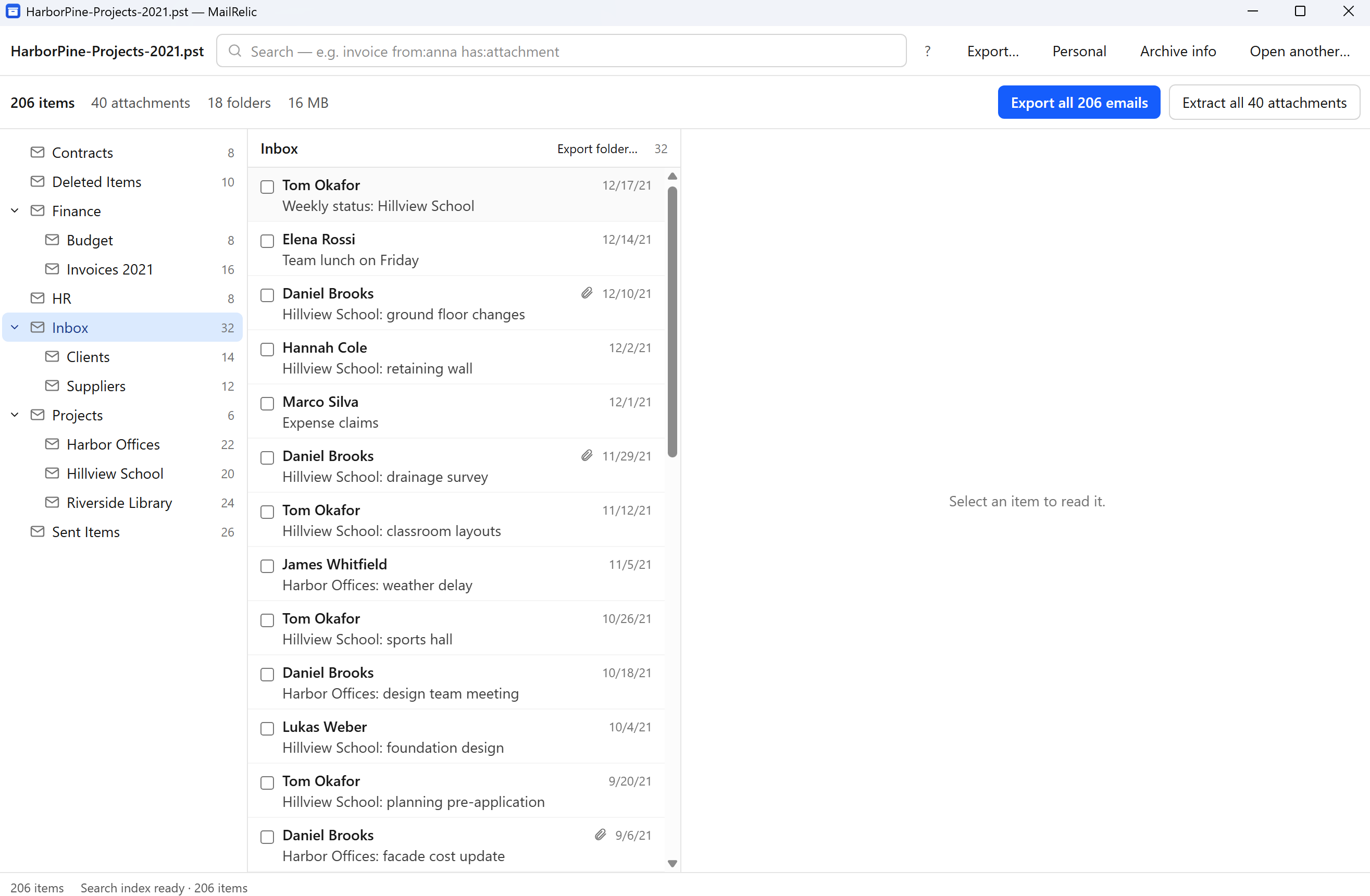 MailRelic with a PST archive open: the folder tree, the Inbox message list, and the archive summary showing 206 items, 40 attachments and 18 folders.