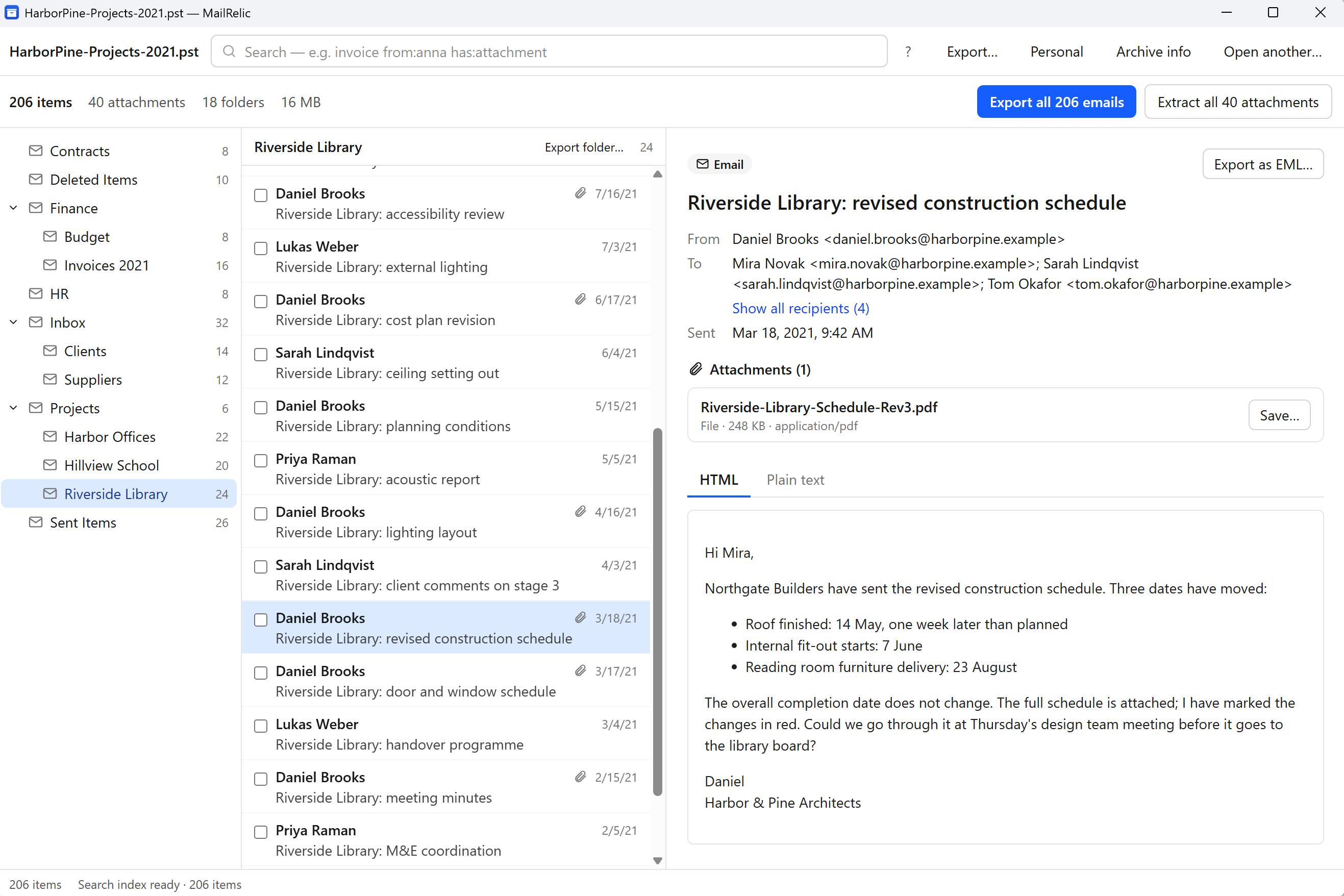 MailRelic showing an open email about a revised construction schedule, with its sender, recipients, sent date, message text, and a PDF attachment with a Save button.