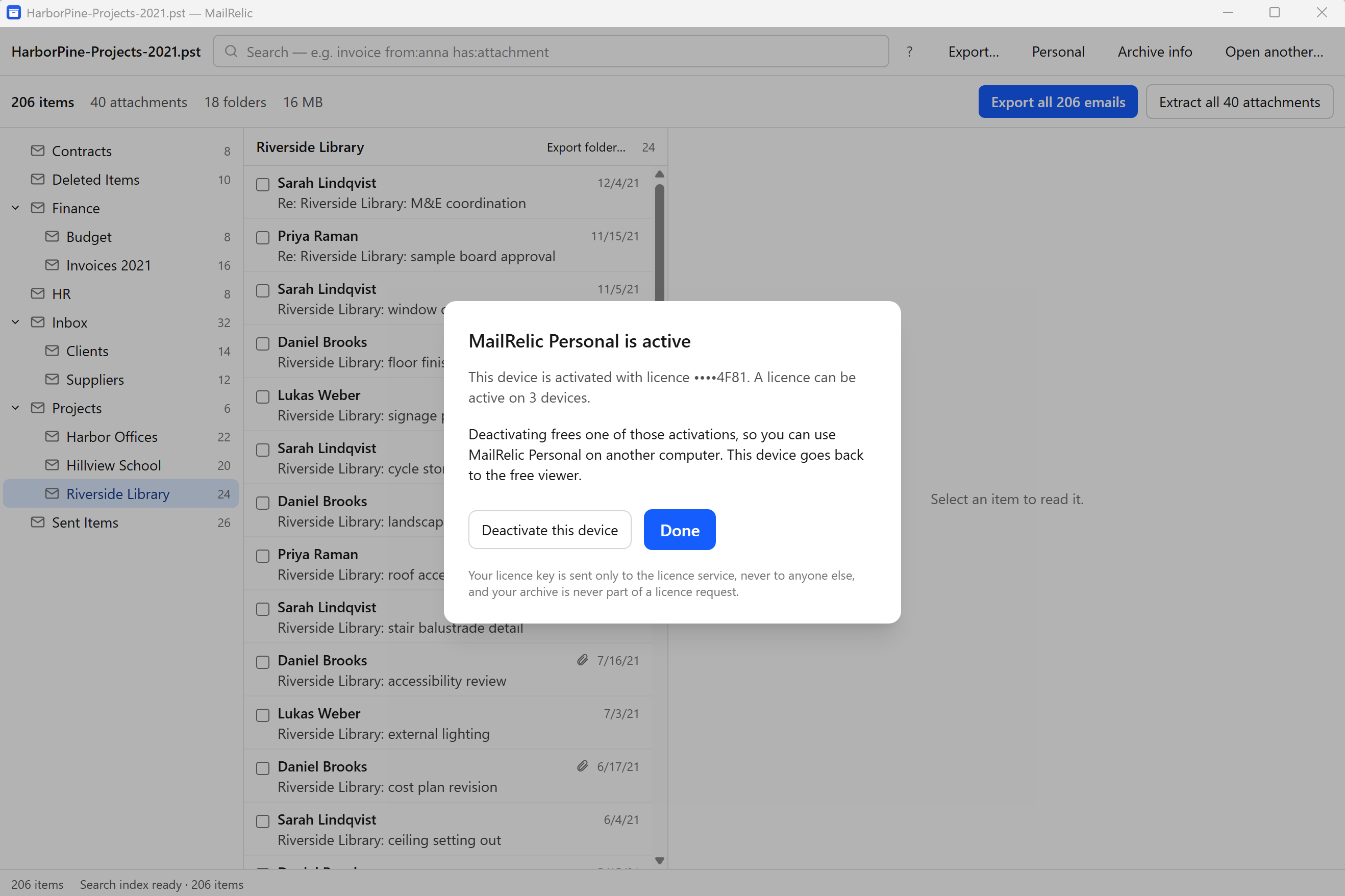 The MailRelic Personal licence dialog, stating that this device is activated and that a licence can be active on 3 devices, with a Deactivate this device button.